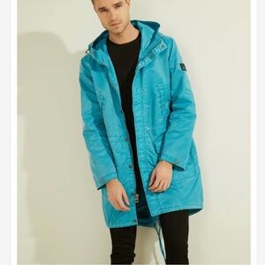 Guess Men’s Fluid Nylon Parka Coat Jacket Size XXL Blue Shore Zip Snap Hoodie